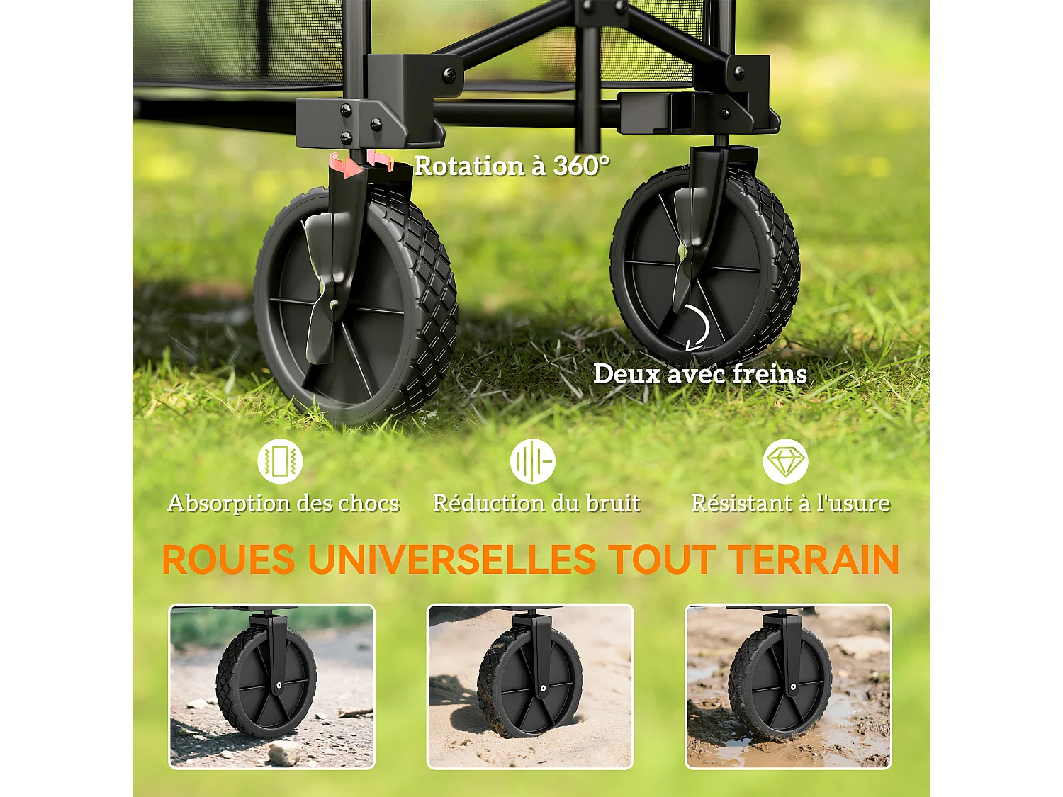 Chariot de jardin pliable multi-rangement max. 200 Kg - poignée teslescopique - roues tout terrain noir