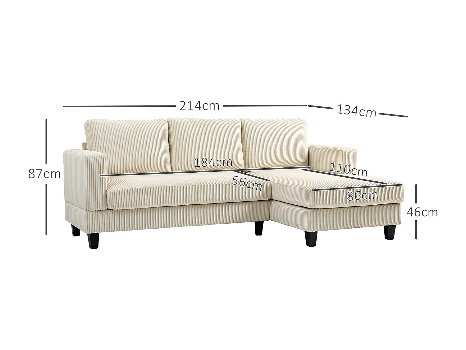 Canapé d'angle 3 places en velours côtelé dim. 214 x 134 cm beige