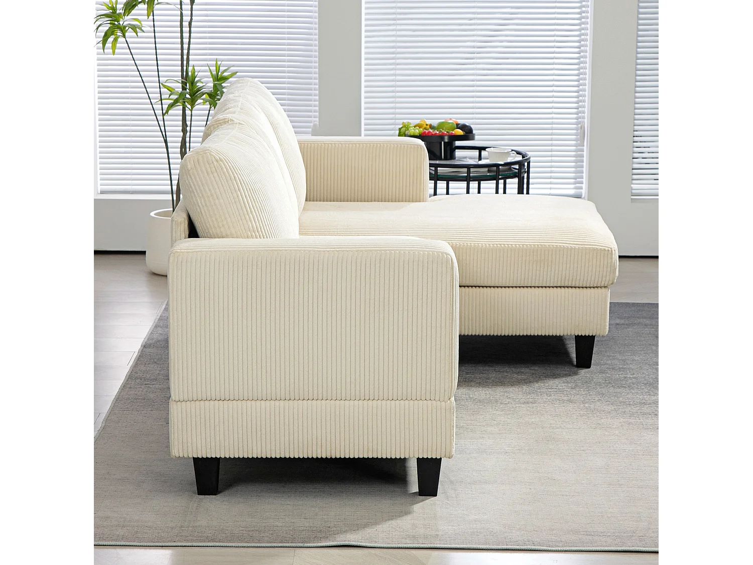 Canapé d'angle 3 places en velours côtelé dim. 214 x 134 cm beige