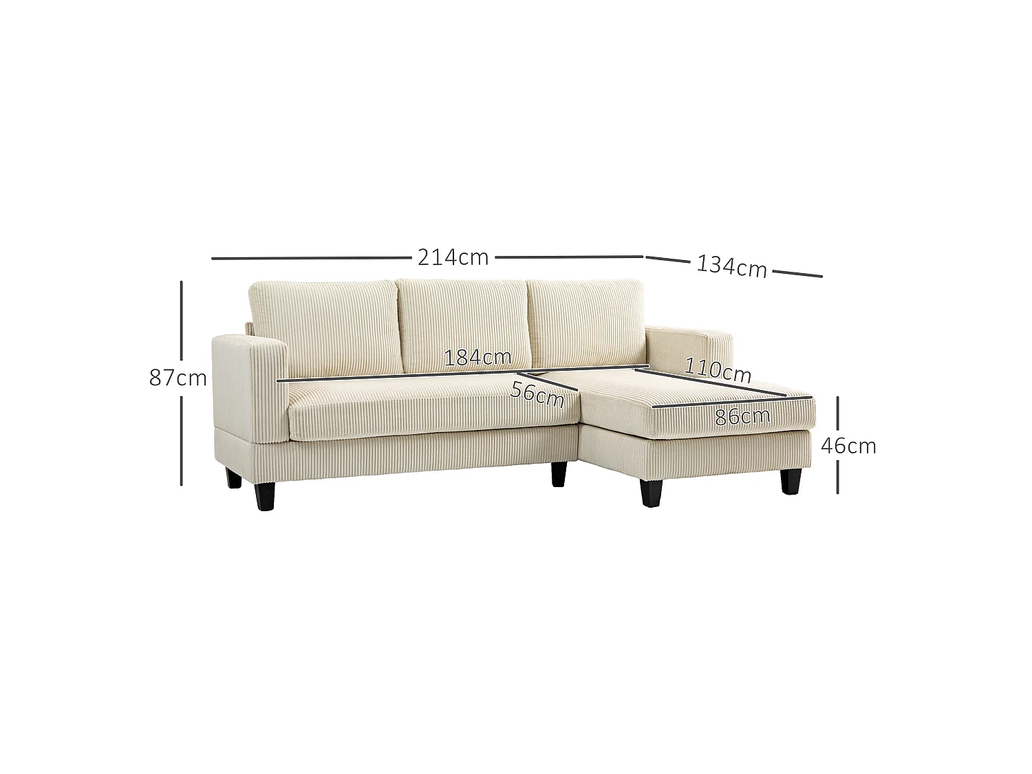 Canapé d'angle 3 places en velours cotele beige