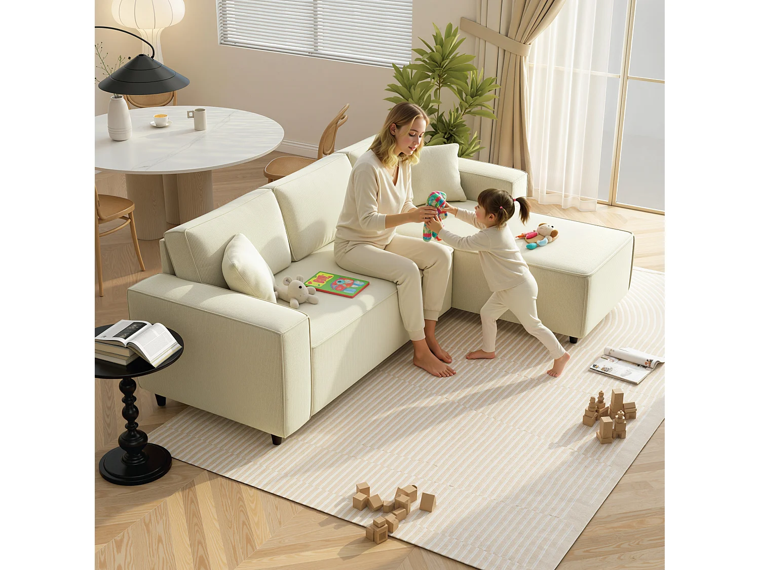 Canapé d'angle réversible 3 places velours côtelé avec 2 coussins crème