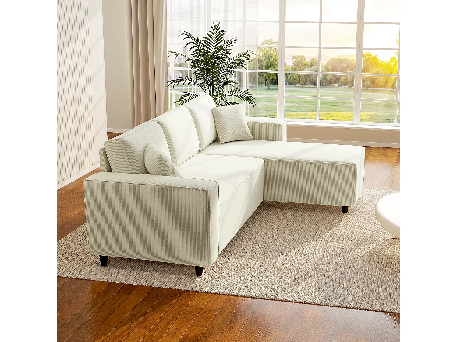 Canapé d'angle réversible 3 places velours côtelé avec 2 coussins crème