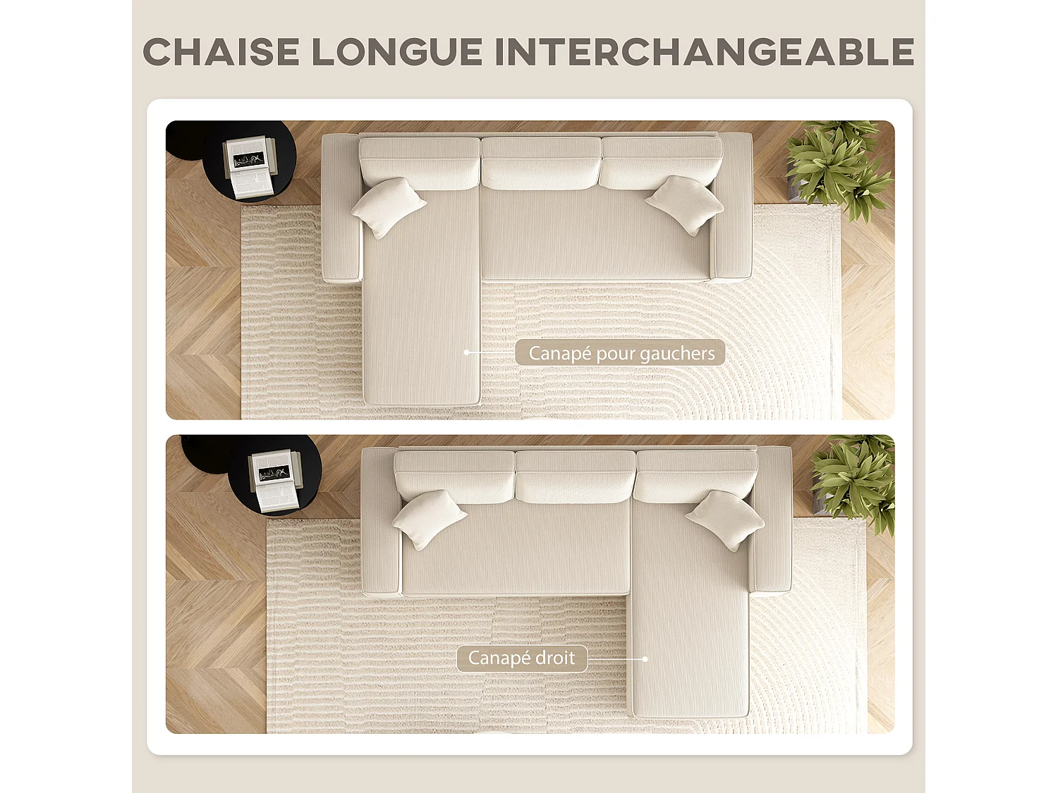 Canapé d'angle réversible 3 places velours côtelé avec 2 coussins crème