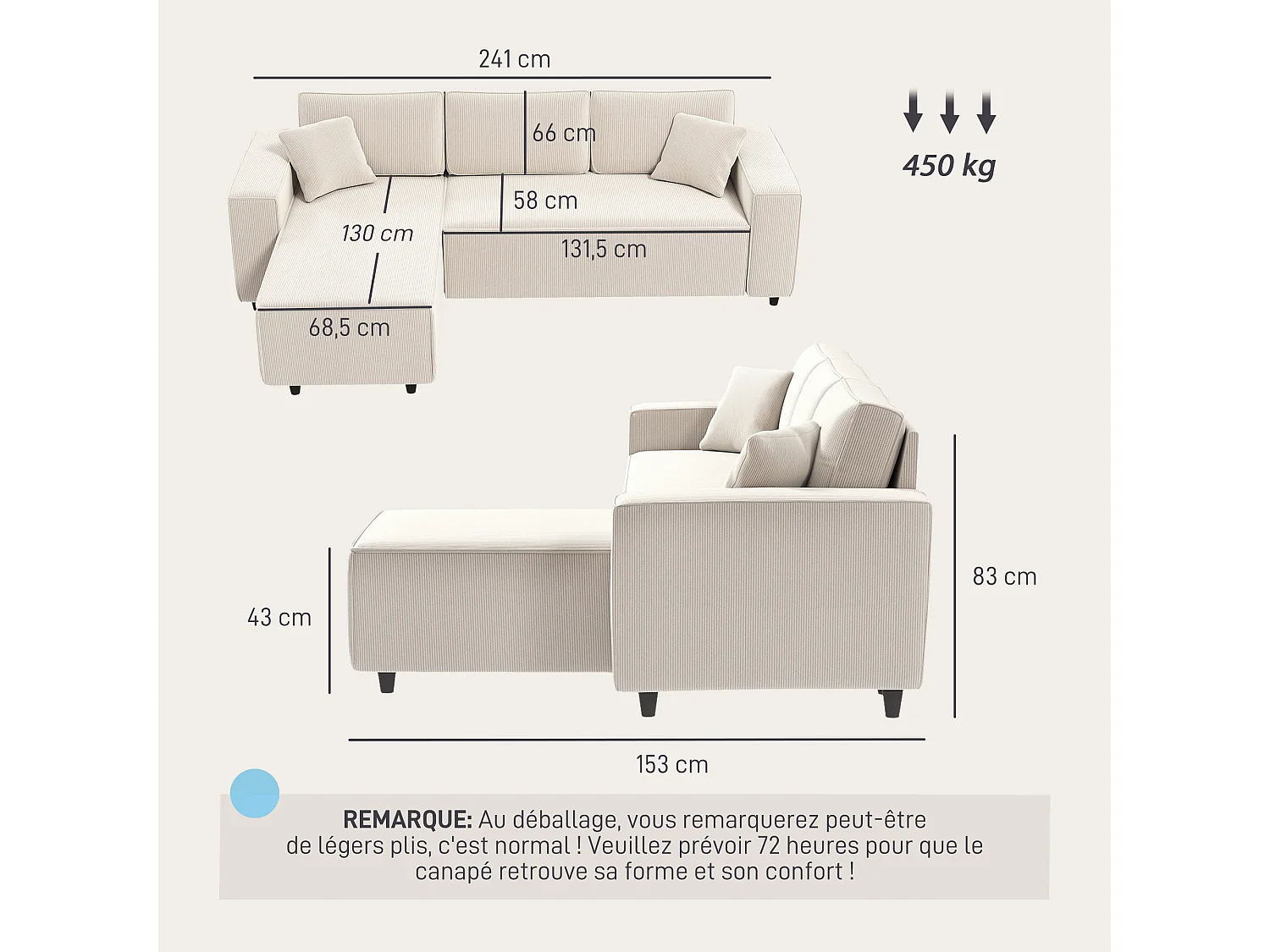 Canapé d'angle réversible 3 places velours côtelé avec 2 coussins crème