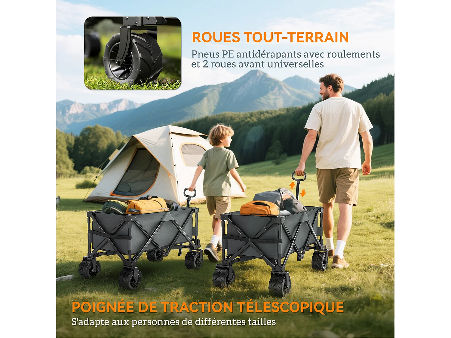 Chariot de transport pliable à roulettes - poignée télescopique - max. 70 Kg - métal noir oxford gris