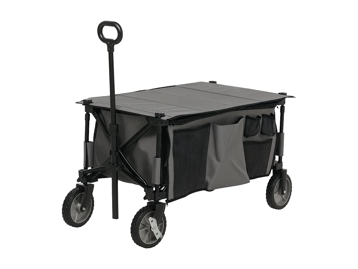Chariot de jardin pliable 4 roues - bâche amovible, poignée télescopique réglable, 5 pochettes rangement - acier polyester gris