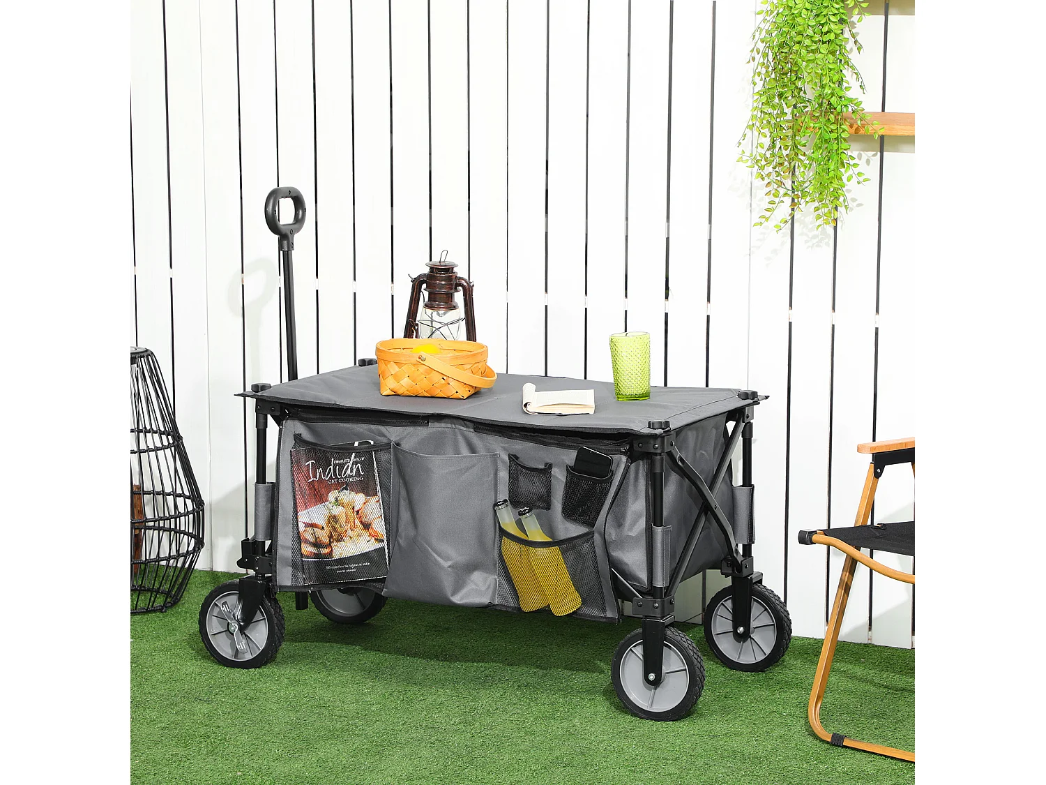Chariot de jardin pliable 4 roues - bâche amovible, poignée télescopique réglable, 5 pochettes rangement - acier polyester gris