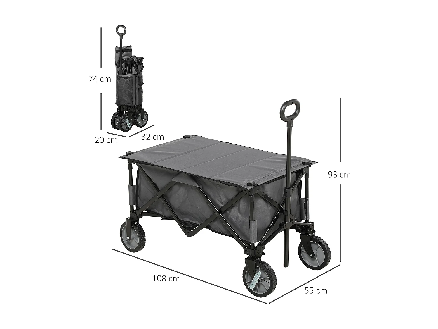 Chariot de jardin pliable 4 roues - bâche amovible, poignée télescopique réglable, 5 pochettes rangement - acier polyester gris