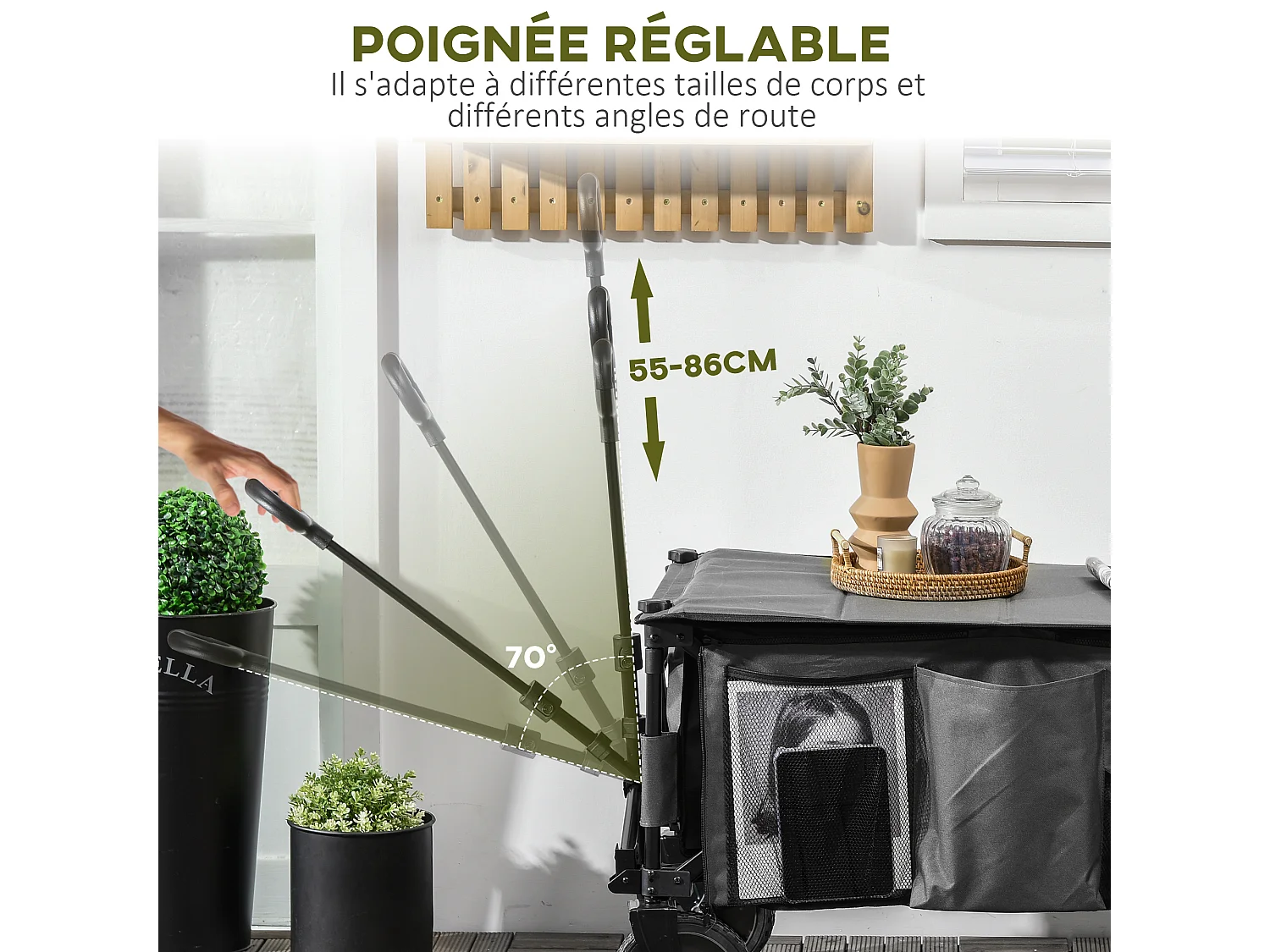 Chariot de jardin pliable 4 roues - bâche amovible, poignée télescopique réglable, 5 pochettes rangement - acier polyester gris