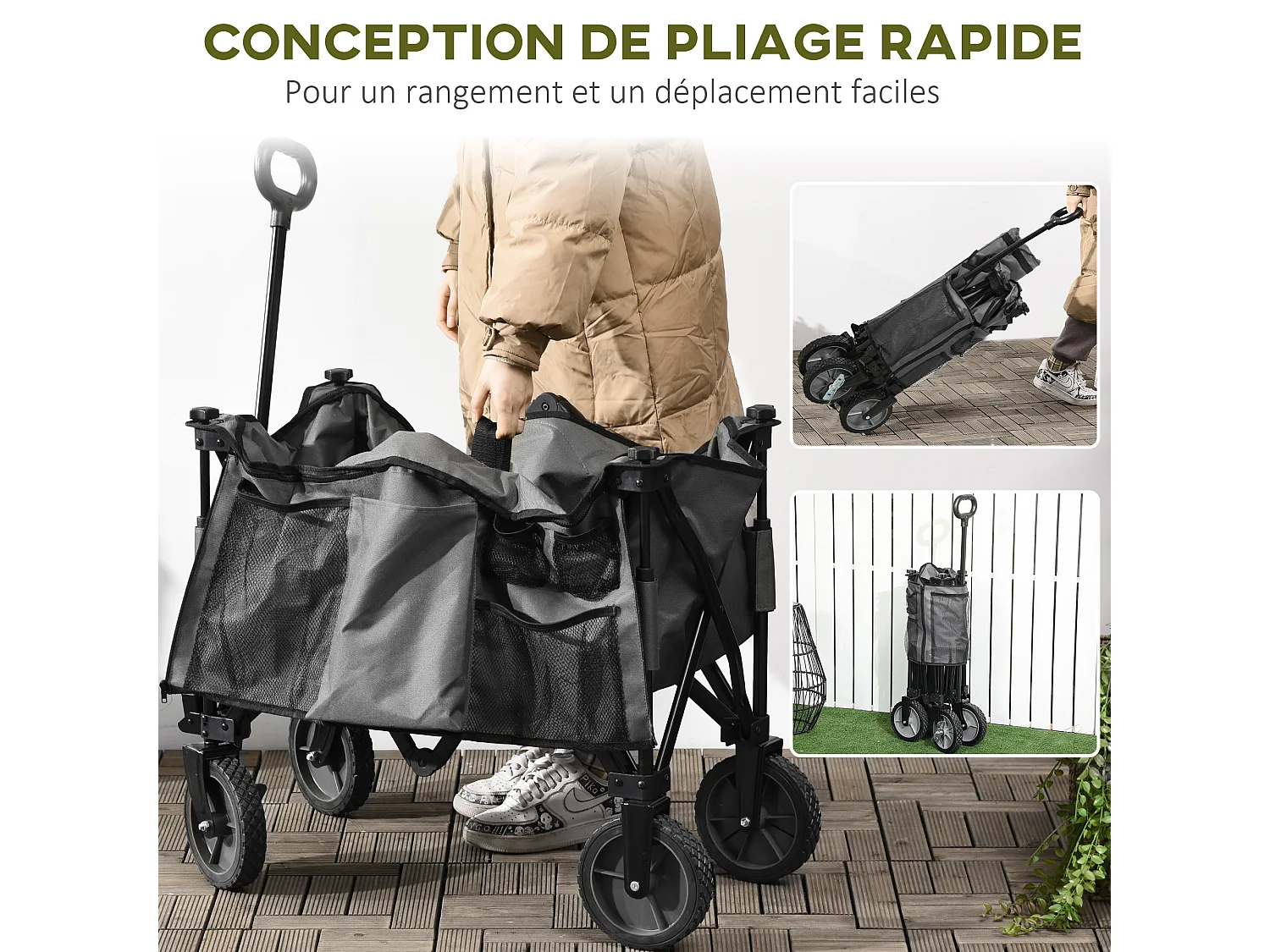 Chariot de jardin pliable 4 roues - bâche amovible, poignée télescopique réglable, 5 pochettes rangement - acier polyester gris