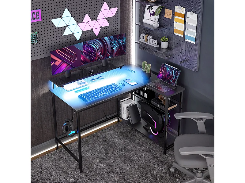 Bureau d'angle réversible avec LED, 2 prises et 2 ports USB, 107x80cm, avec étagère, support d'écran, noir