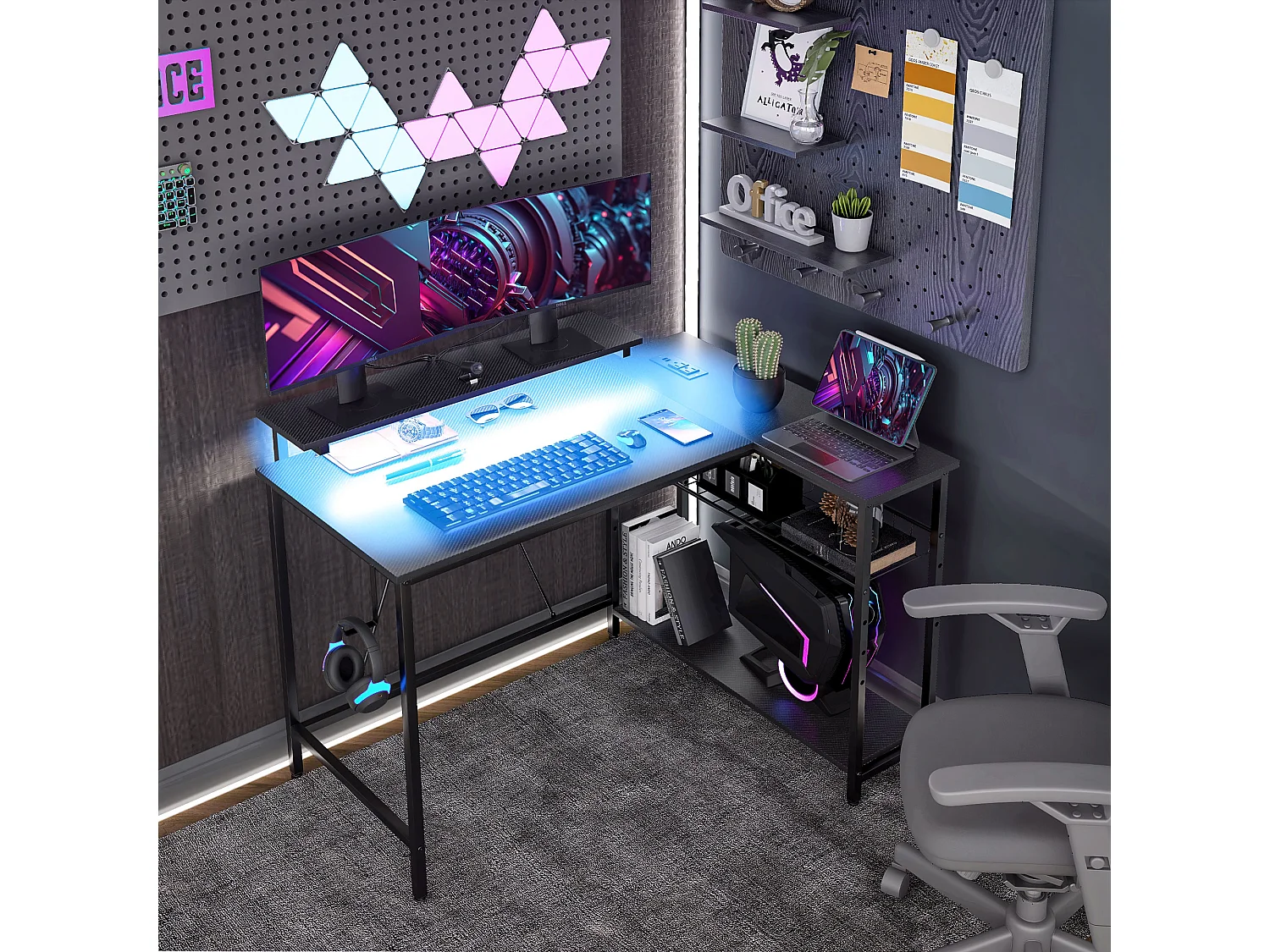 Bureau d'angle réversible avec LED, 2 prises et 2 ports USB, 107x80cm, avec étagère, support d'écran, noir