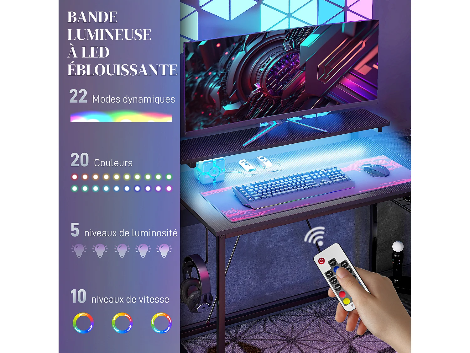 Bureau d'angle réversible avec LED, 2 prises et 2 ports USB, 107x80cm, avec étagère, support d'écran, noir