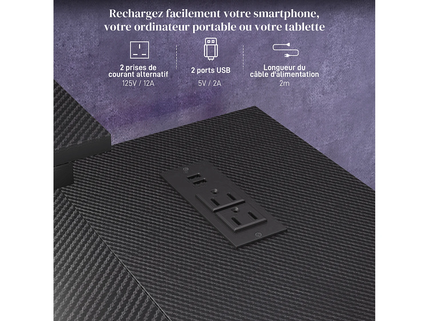 Bureau d'angle réversible avec LED, 2 prises et 2 ports USB, 107x80cm, avec étagère, support d'écran, noir