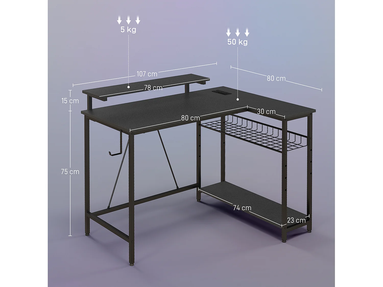 Bureau d'angle réversible avec LED, 2 prises et 2 ports USB, 107x80cm, avec étagère, support d'écran, noir
