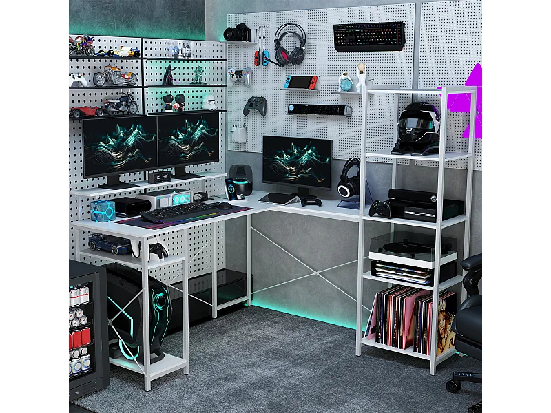 Bureau d'angle design contemporain multi-rangement - prise intégrée - métal panneaux blanc