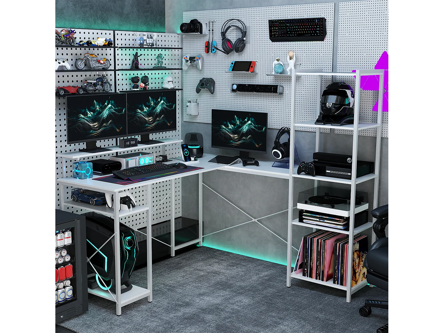 Bureau d'angle design contemporain multi-rangement - prise intégrée - métal panneaux blanc