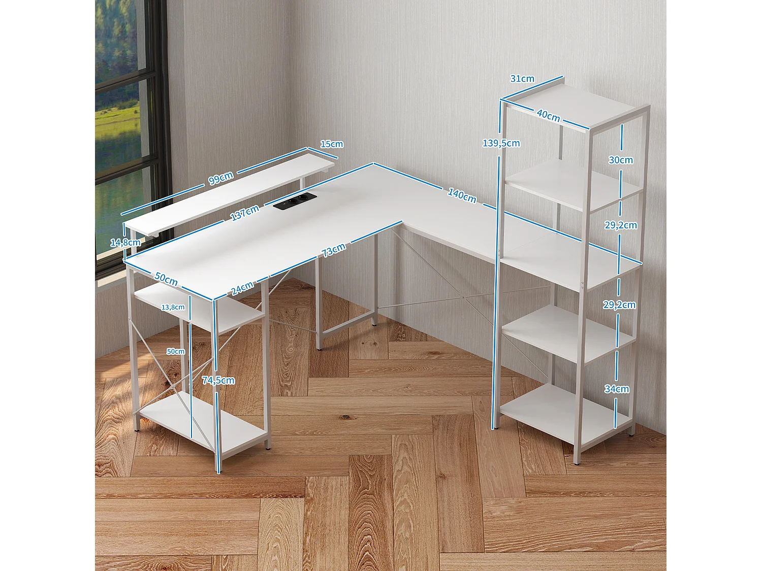 Bureau d'angle design contemporain multi-rangement - prise intégrée - métal panneaux blanc