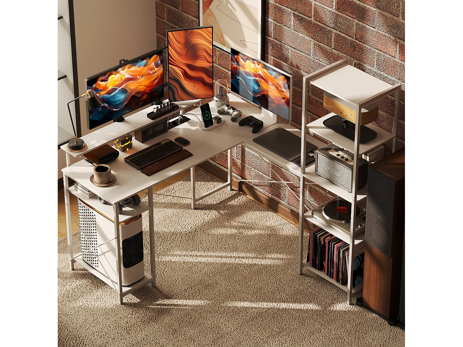 Bureau d'angle design contemporain multi-rangement - prise intégrée - métal panneaux blanc