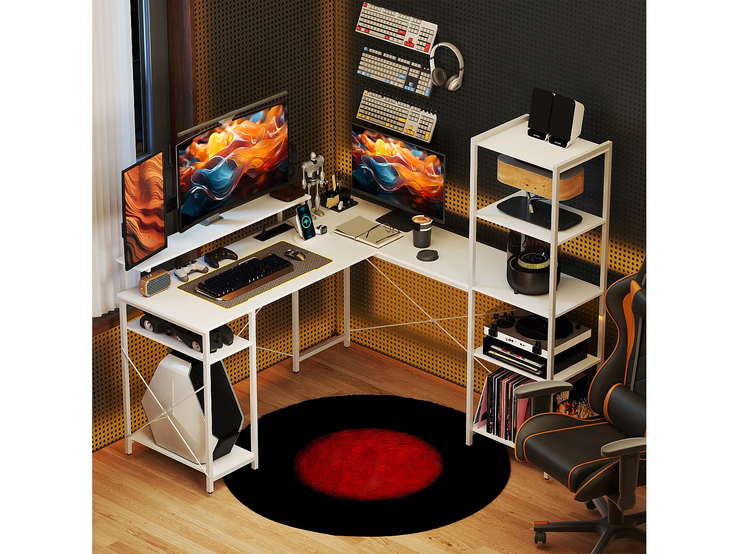 Bureau d'angle design contemporain multi-rangement - prise intégrée - métal panneaux blanc