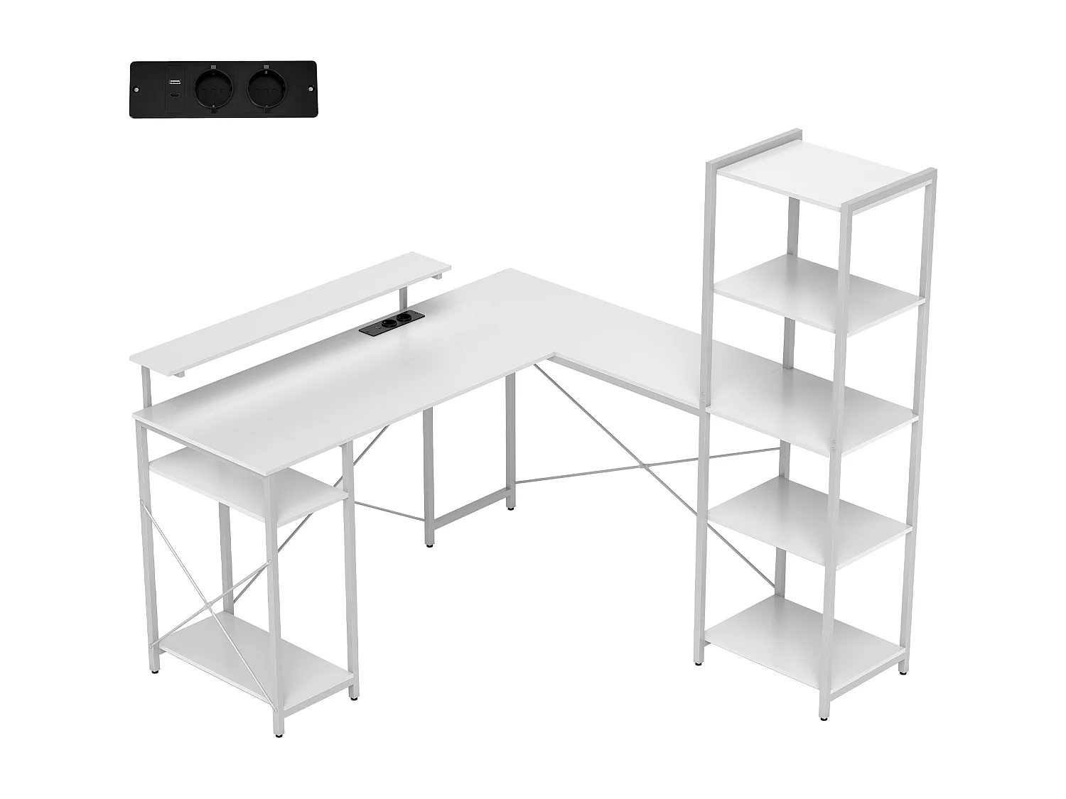 Bureau d'angle design contemporain multi-rangement - prise intégrée - métal panneaux blanc