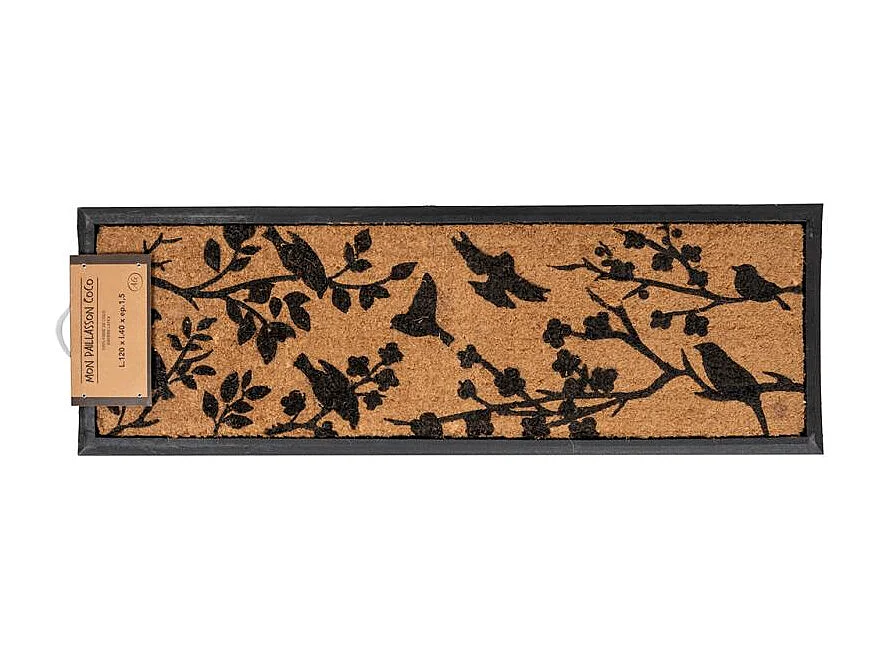 Paillasson en coco motif oiseaux avec dos latexé antidérapant – 120x40 cm