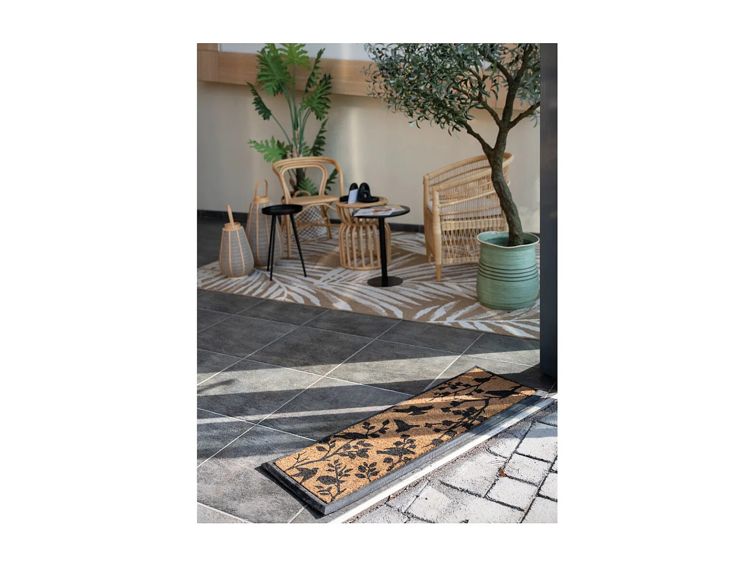 Paillasson en coco motif oiseaux avec dos latexé antidérapant – 120x40 cm