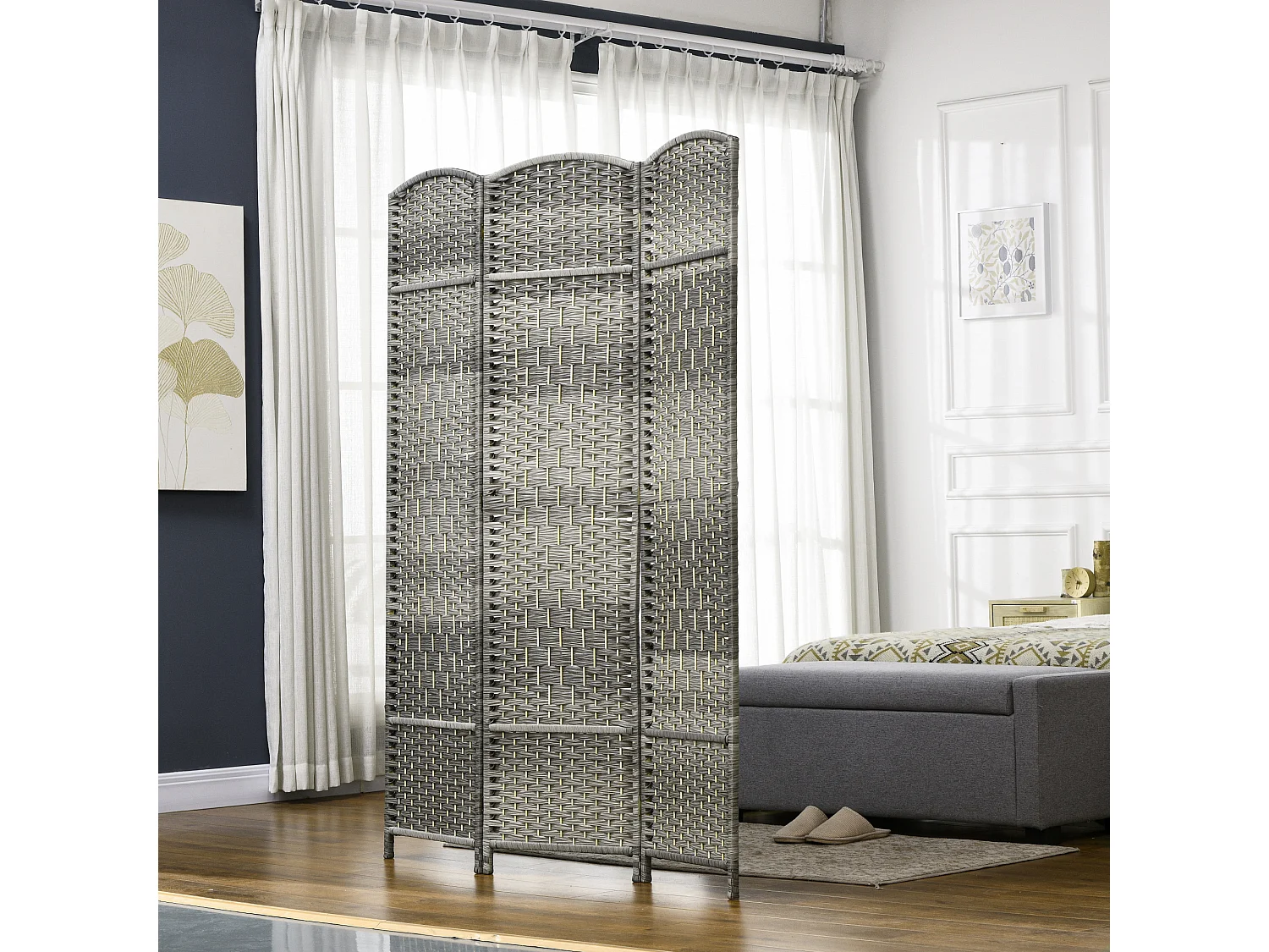 Paravent intérieur 3 panneaux pliables en bois séparateur de pièce style bohème tissé gris