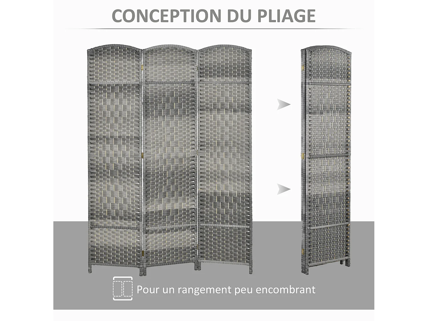 Paravent intérieur 3 panneaux pliables en bois séparateur de pièce style bohème tissé gris