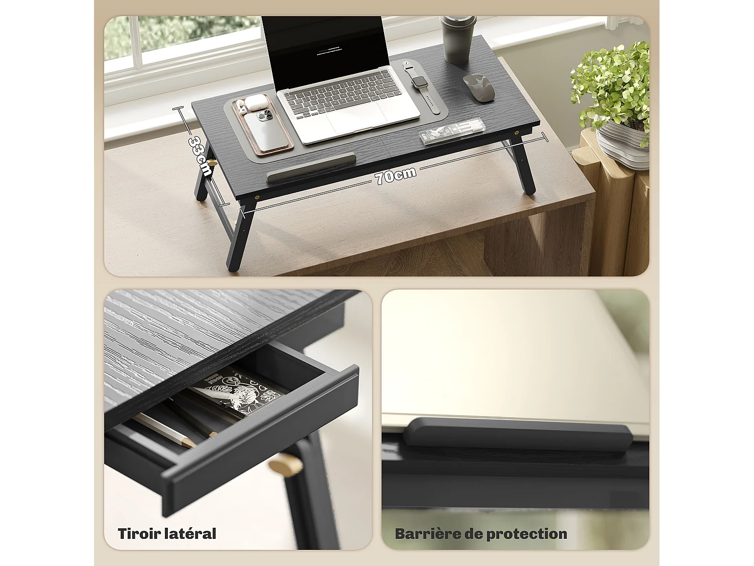 Table de lit pliable réglable pour ordinateur - plateau inclinable, tiroir - bois bambou MDF noir