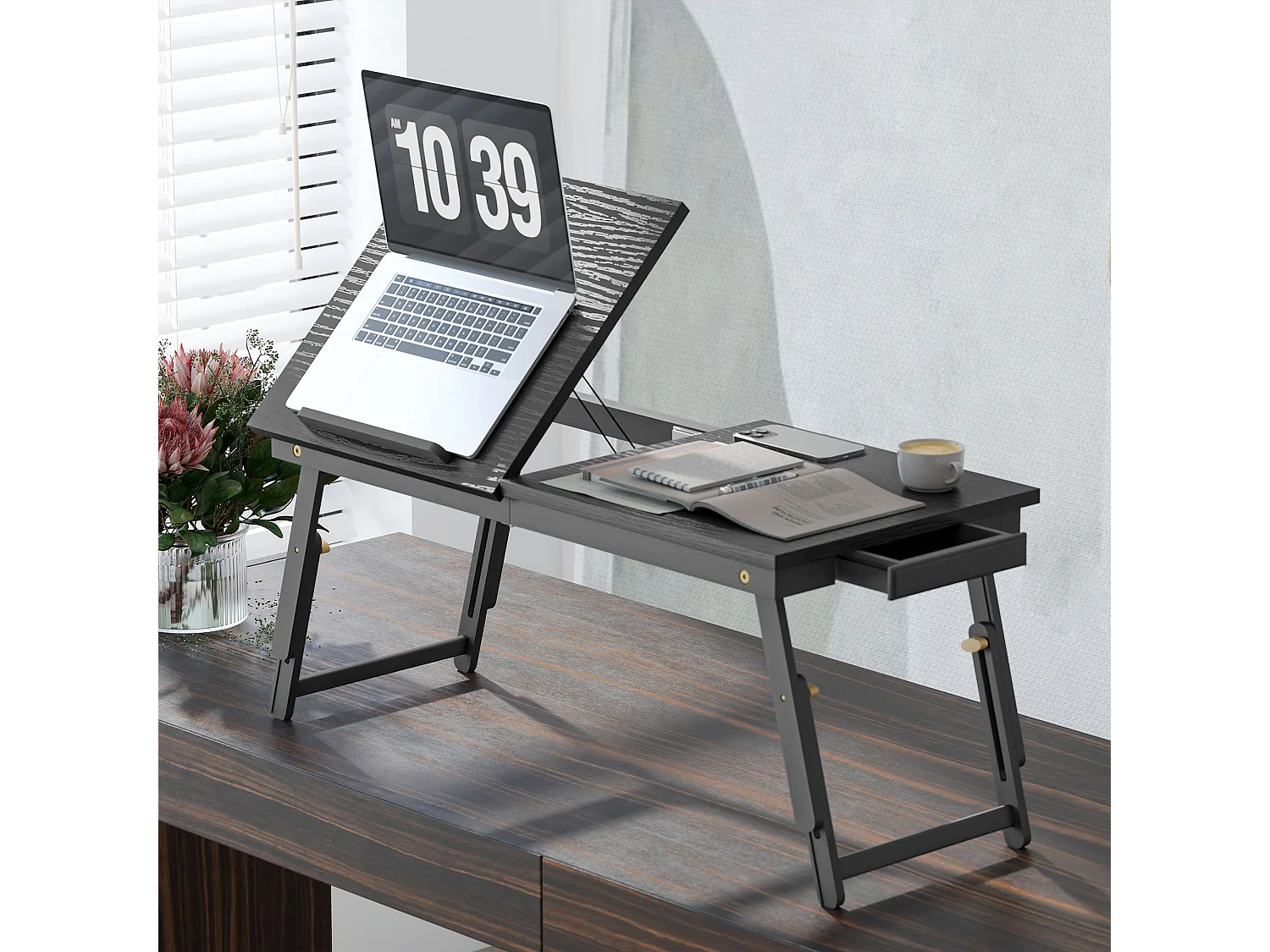 Table de lit pliable réglable pour ordinateur - plateau inclinable, tiroir - bois bambou MDF noir