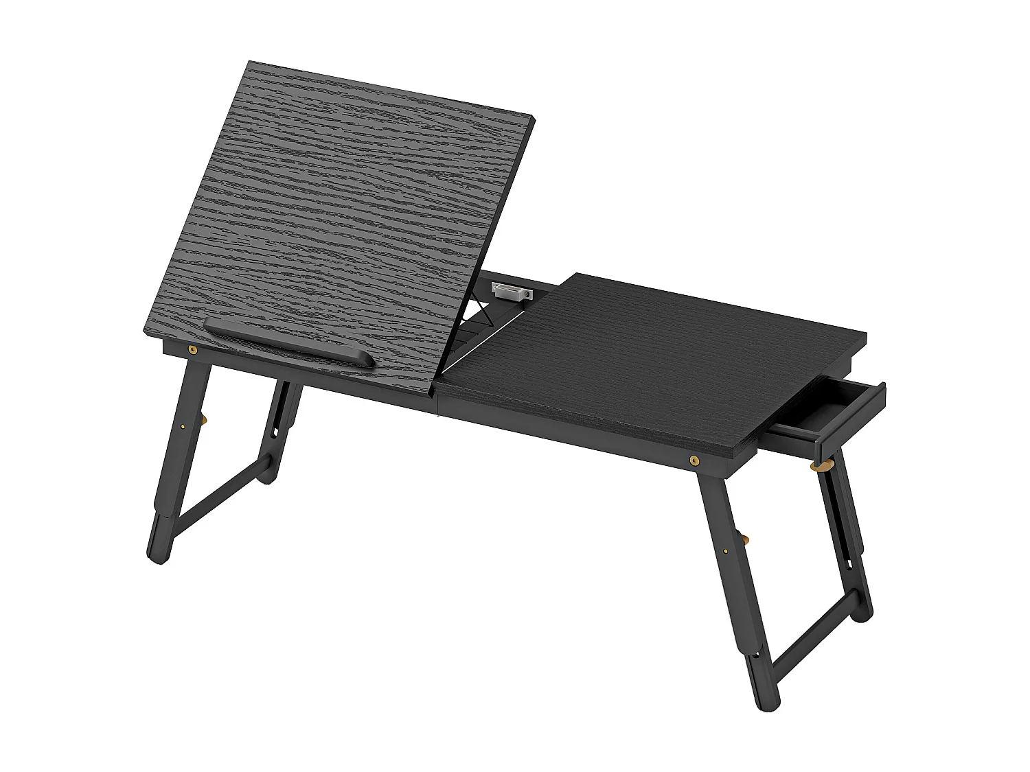 Table de lit pliable réglable pour ordinateur - plateau inclinable, tiroir - bois bambou MDF noir