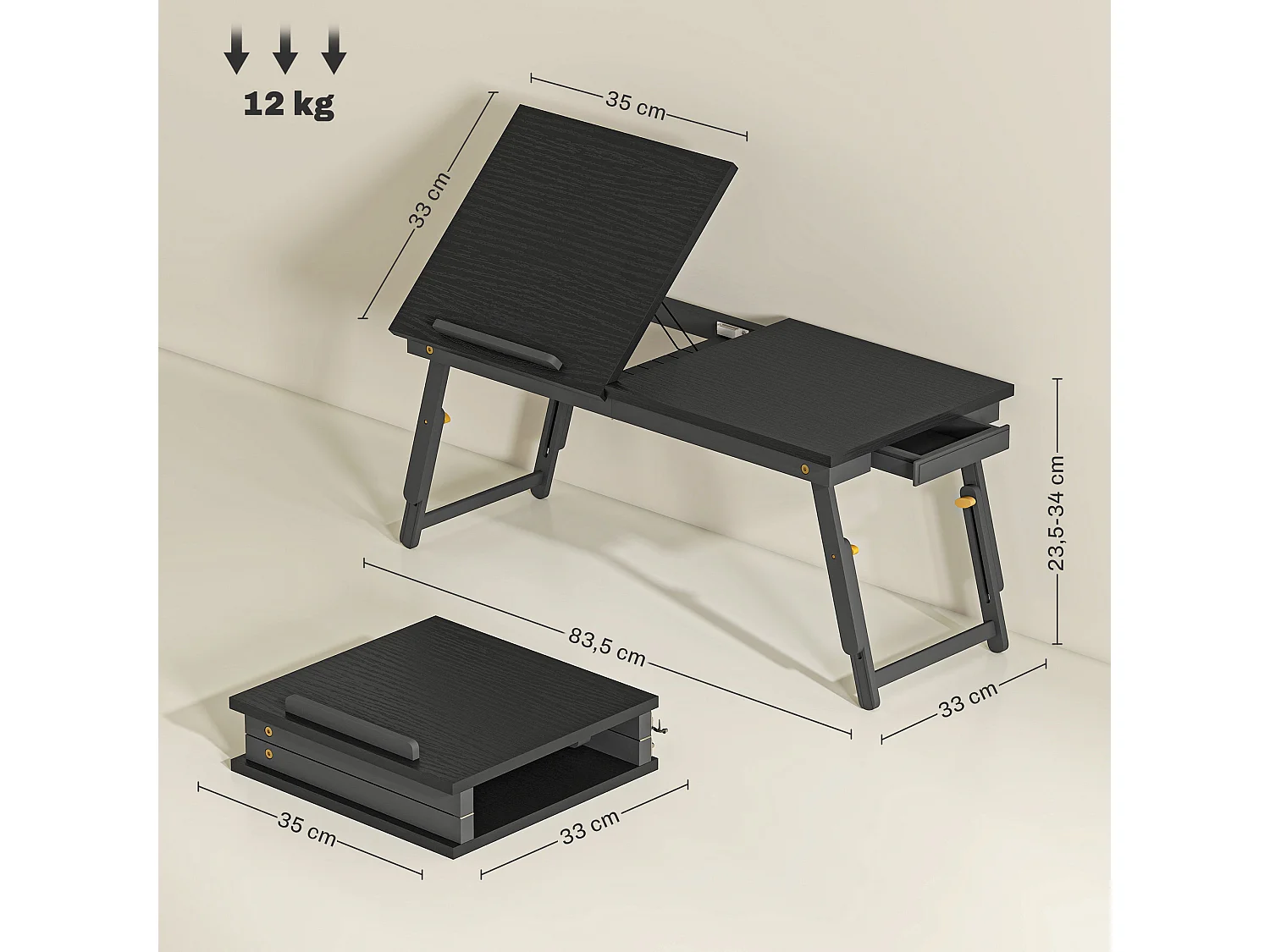 Table de lit pliable réglable pour ordinateur - plateau inclinable, tiroir - bois bambou MDF noir