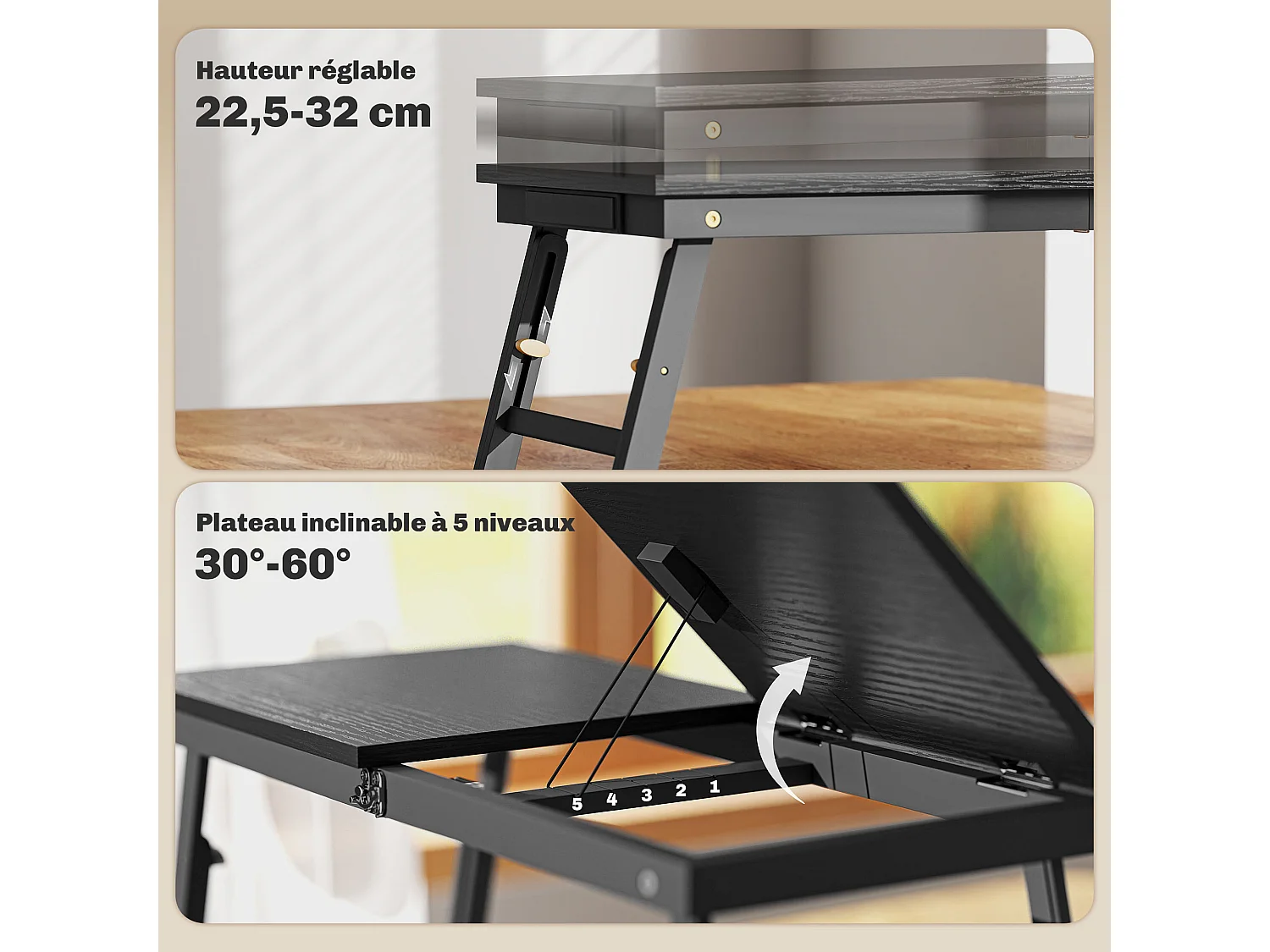 Table de lit pliable réglable pour ordinateur - plateau inclinable, tiroir - bois bambou MDF noir