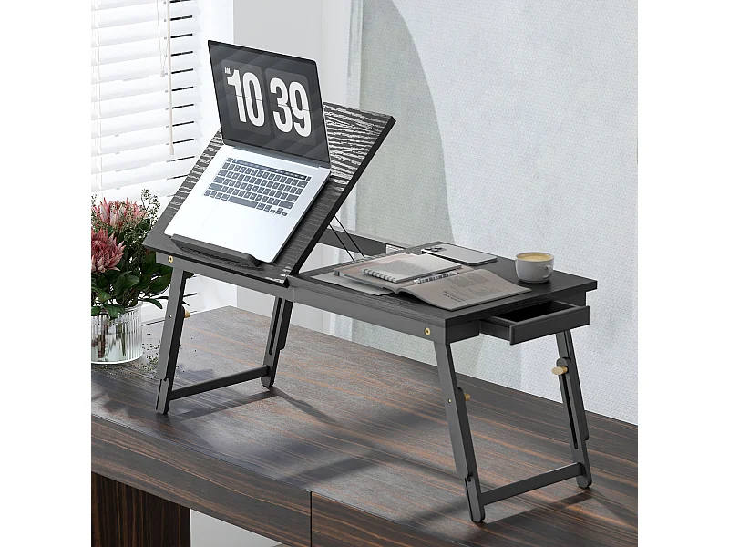 Table de lit pliable réglable pour ordinateur - plateau inclinable, tiroir - bois bambou MDF noir