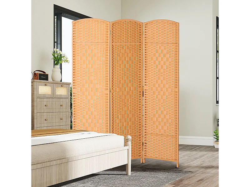 Paravent intérieur 3 panneaux pliables en bois séparateur de pièce style bohème tissé orangé