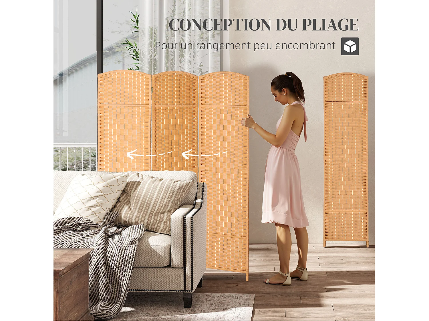 Paravent intérieur 3 panneaux pliables en bois séparateur de pièce style bohème tissé orangé