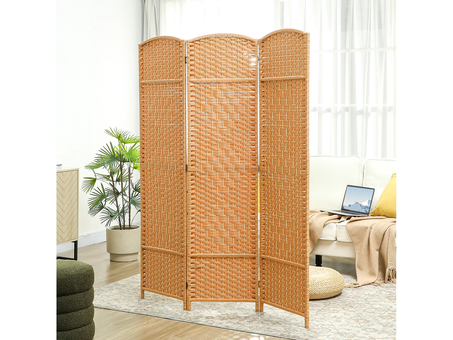 Paravent intérieur 3 panneaux pliables en bois séparateur de pièce style bohème tissé orangé