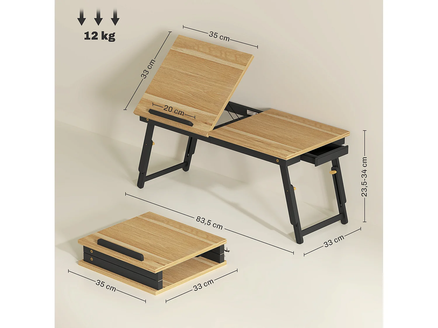 Table de lit pliable réglable pour ordinateur - plateau inclinable, tiroir - bois bambou MDF noir naturel