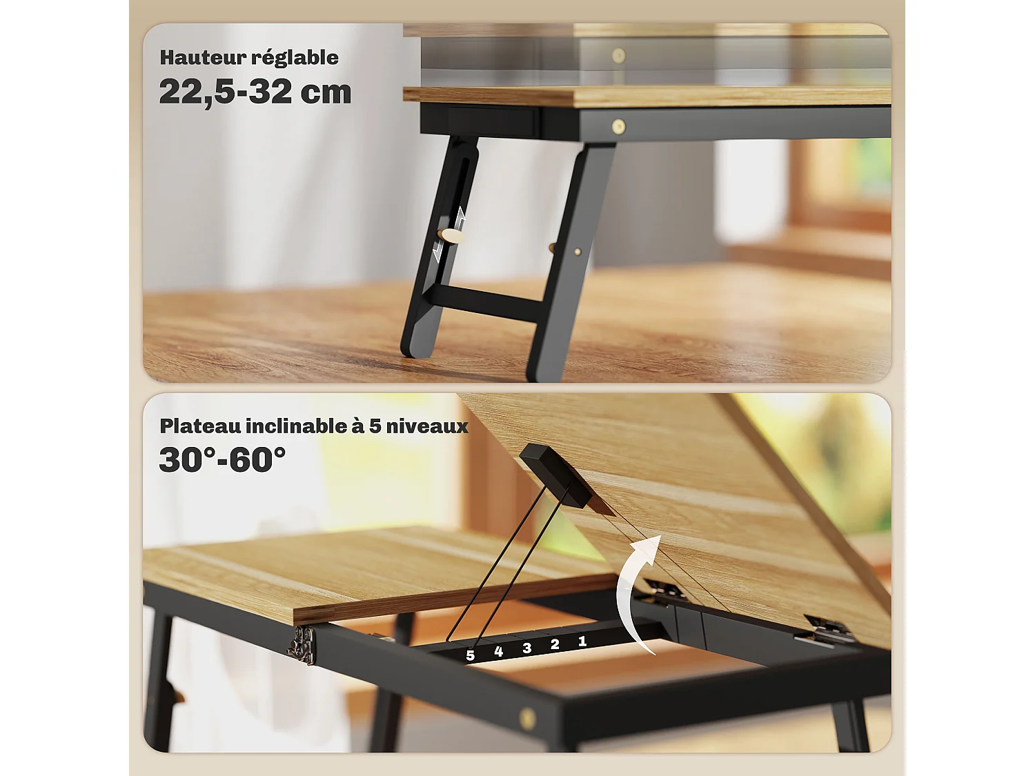 Table de lit pliable réglable pour ordinateur - plateau inclinable, tiroir - bois bambou MDF noir naturel