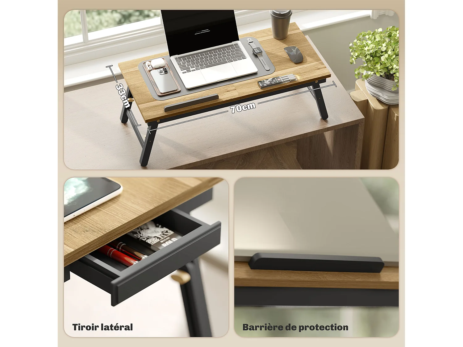 Table de lit pliable réglable pour ordinateur - plateau inclinable, tiroir - bois bambou MDF noir naturel