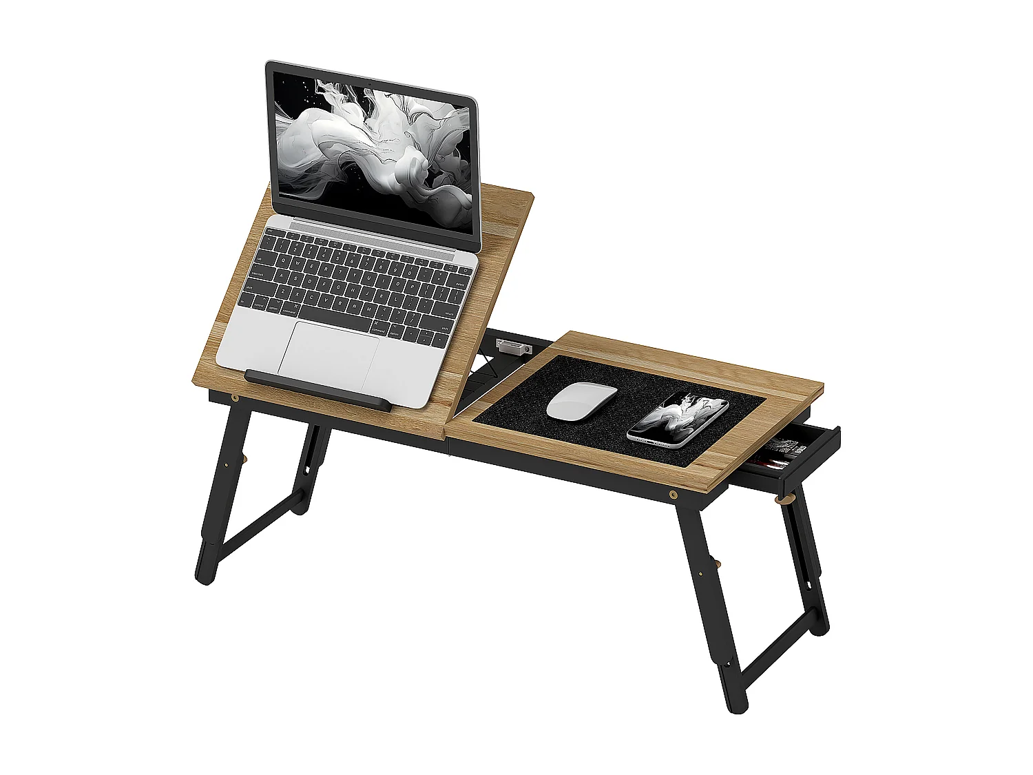 Table de lit pliable réglable pour ordinateur - plateau inclinable, tiroir - bois bambou MDF noir naturel