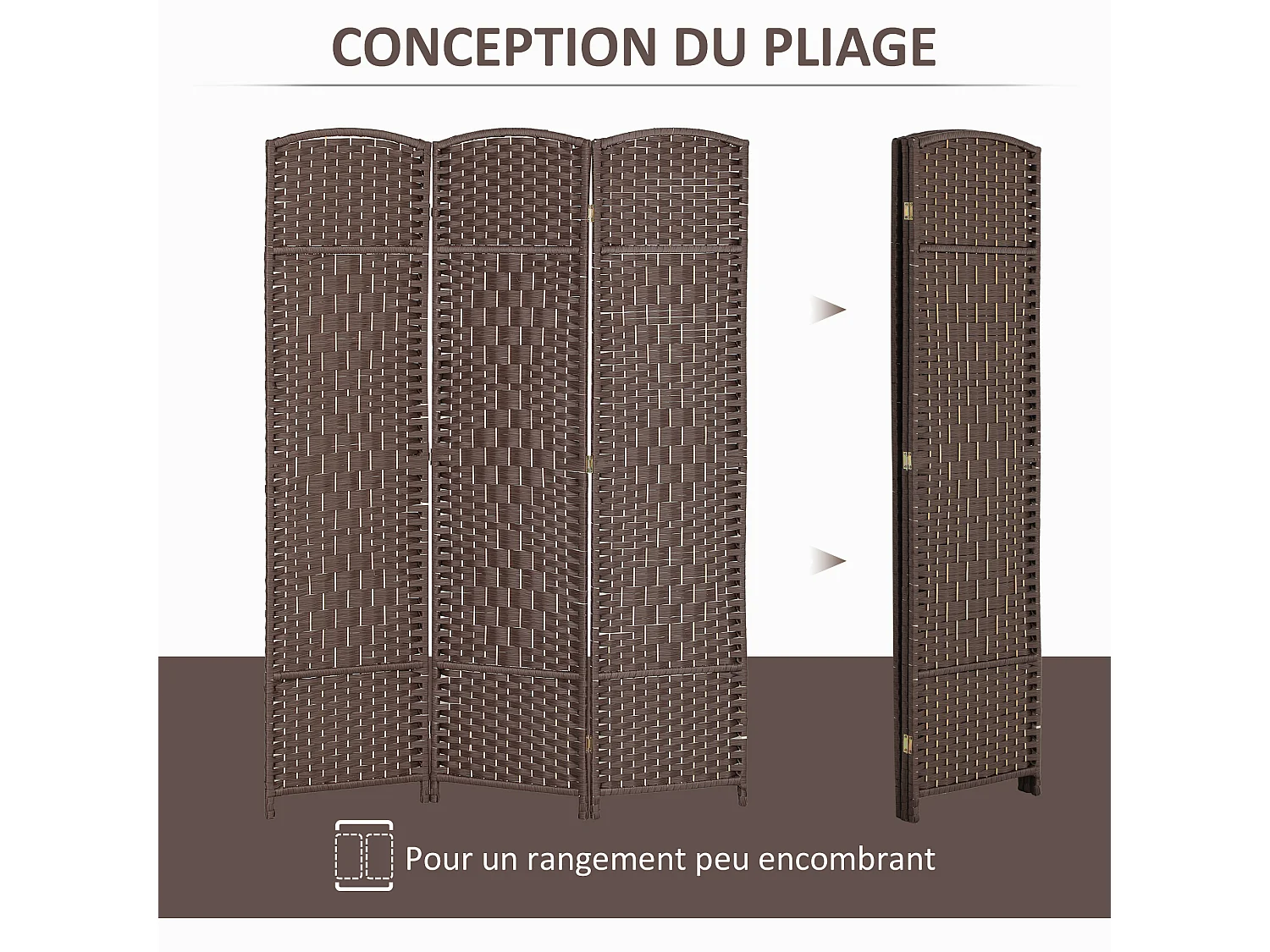 Paravent intérieur 3 panneaux pliables en bois séparateur de pièce style bohème tissé chocolat