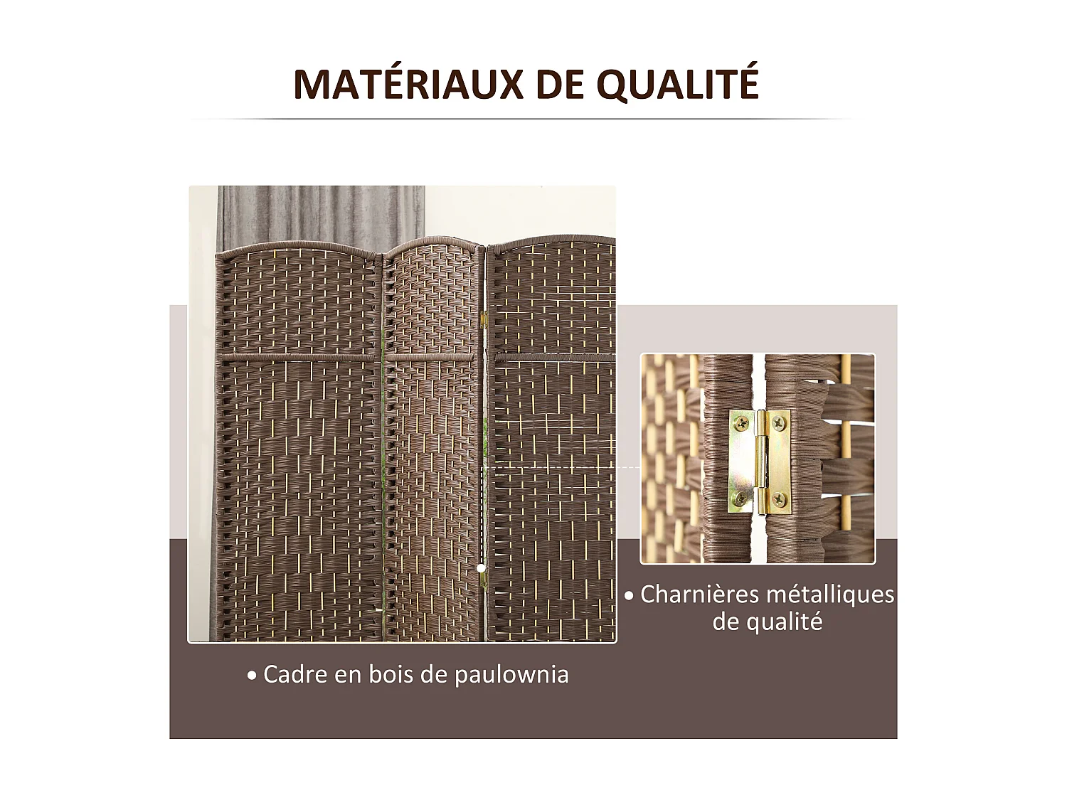 Paravent intérieur 3 panneaux pliables en bois séparateur de pièce style bohème tissé chocolat