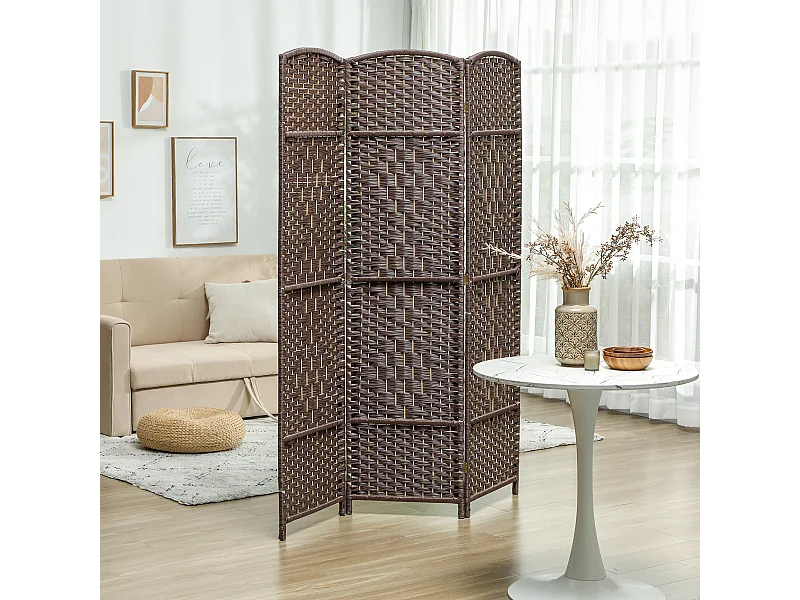 Paravent intérieur 3 panneaux pliables en bois séparateur de pièce style bohème tissé chocolat