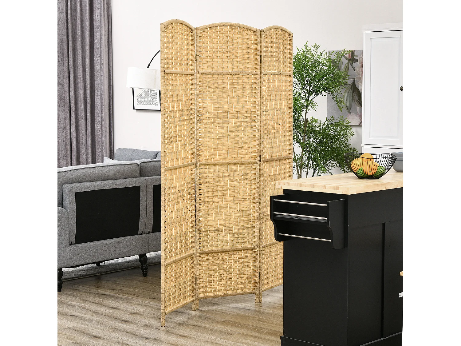 Paravent intérieur 3 panneaux pliables en bois séparateur de pièce style bohème tissé naturel