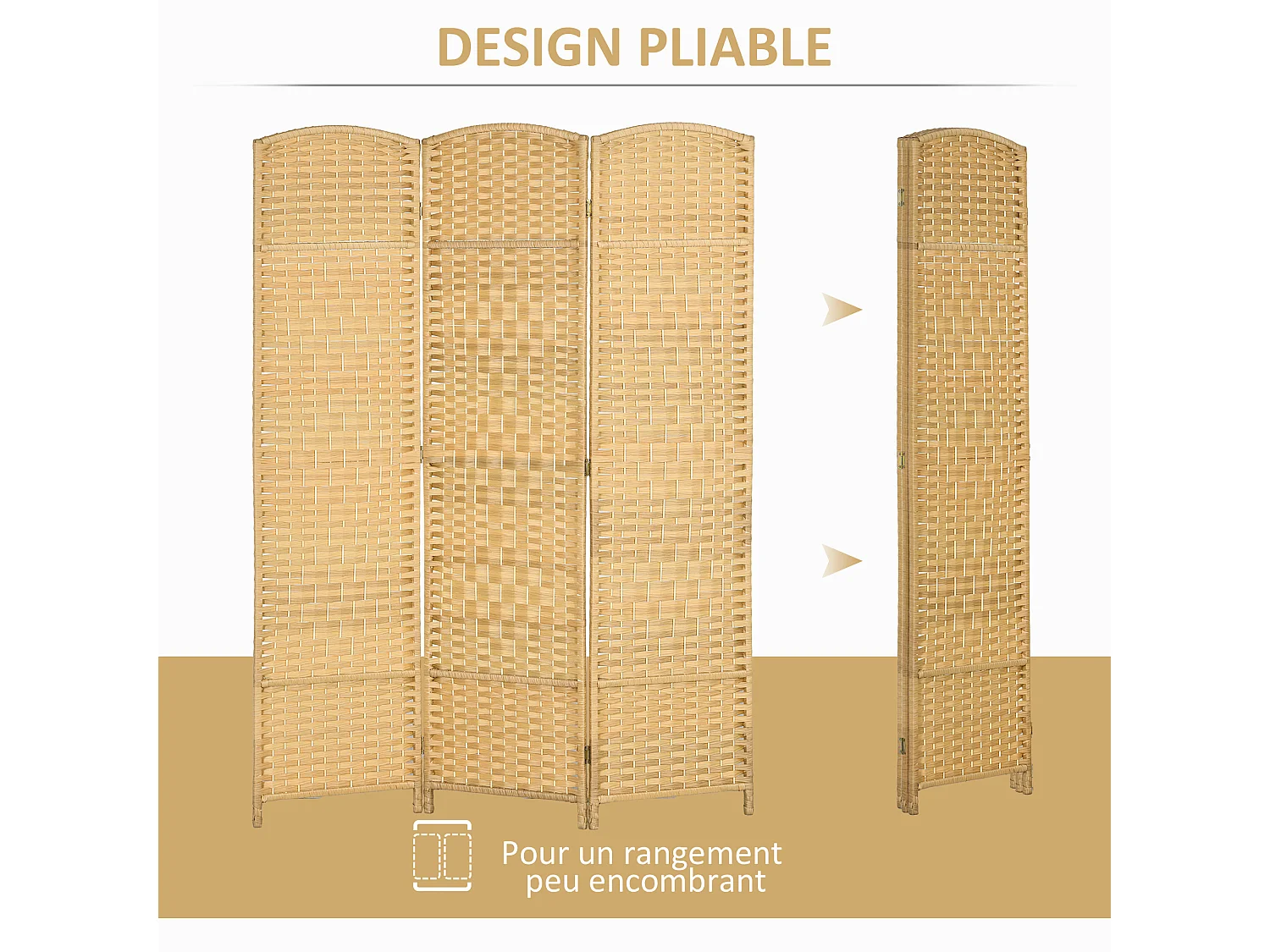 Paravent intérieur 3 panneaux pliables en bois séparateur de pièce style bohème tissé naturel