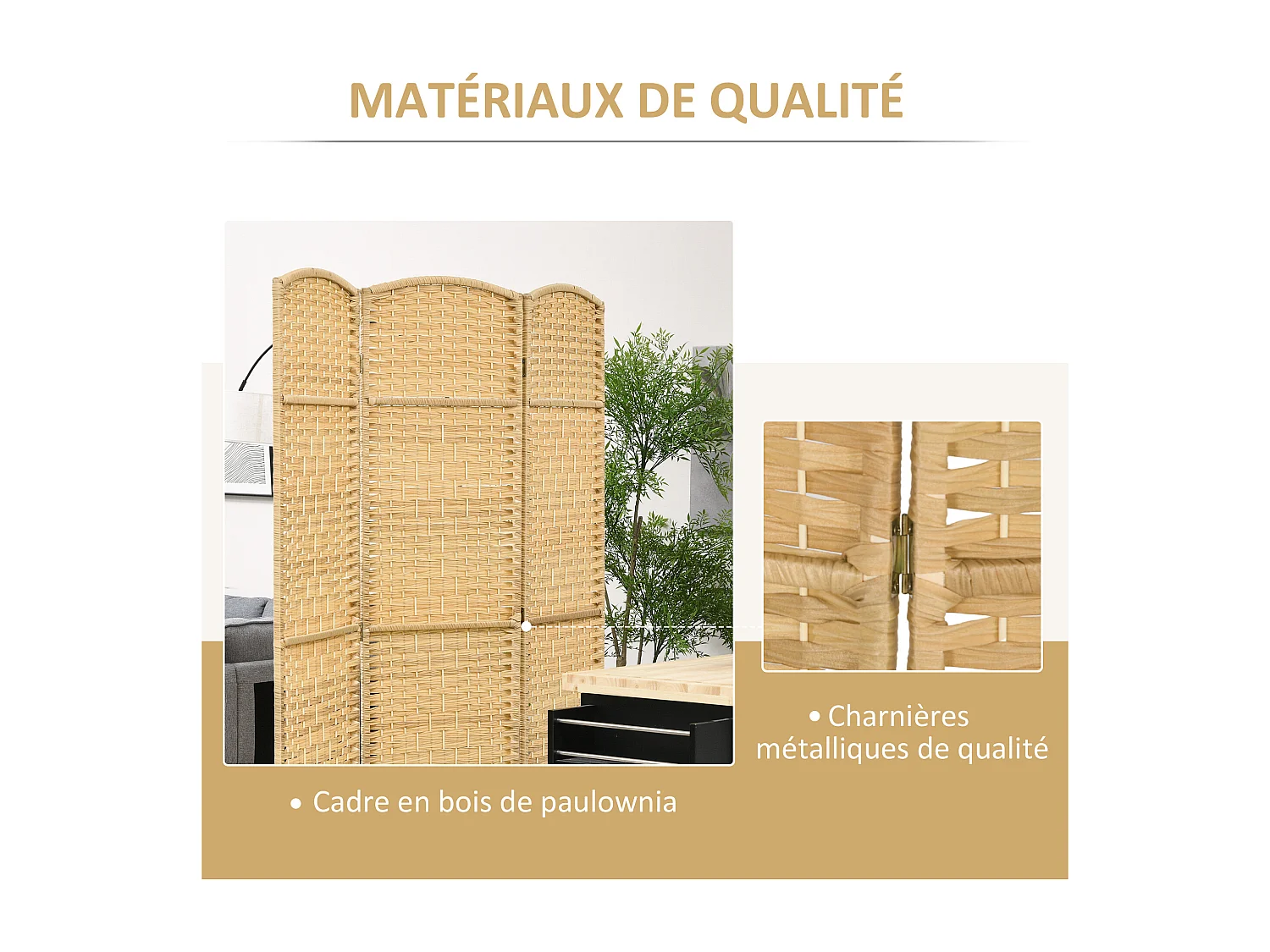 Paravent intérieur 3 panneaux pliables en bois séparateur de pièce style bohème tissé naturel