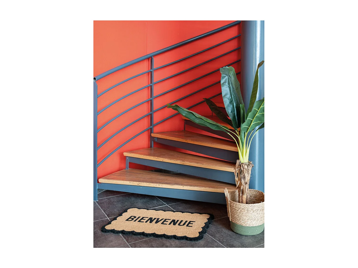 Paillasson en coco Bienvenue avec découpe arrondie et base antidérapante