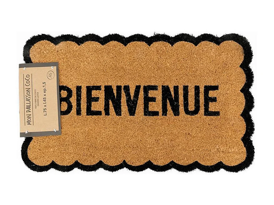 Paillasson en coco Bienvenue avec découpe arrondie et base antidérapante